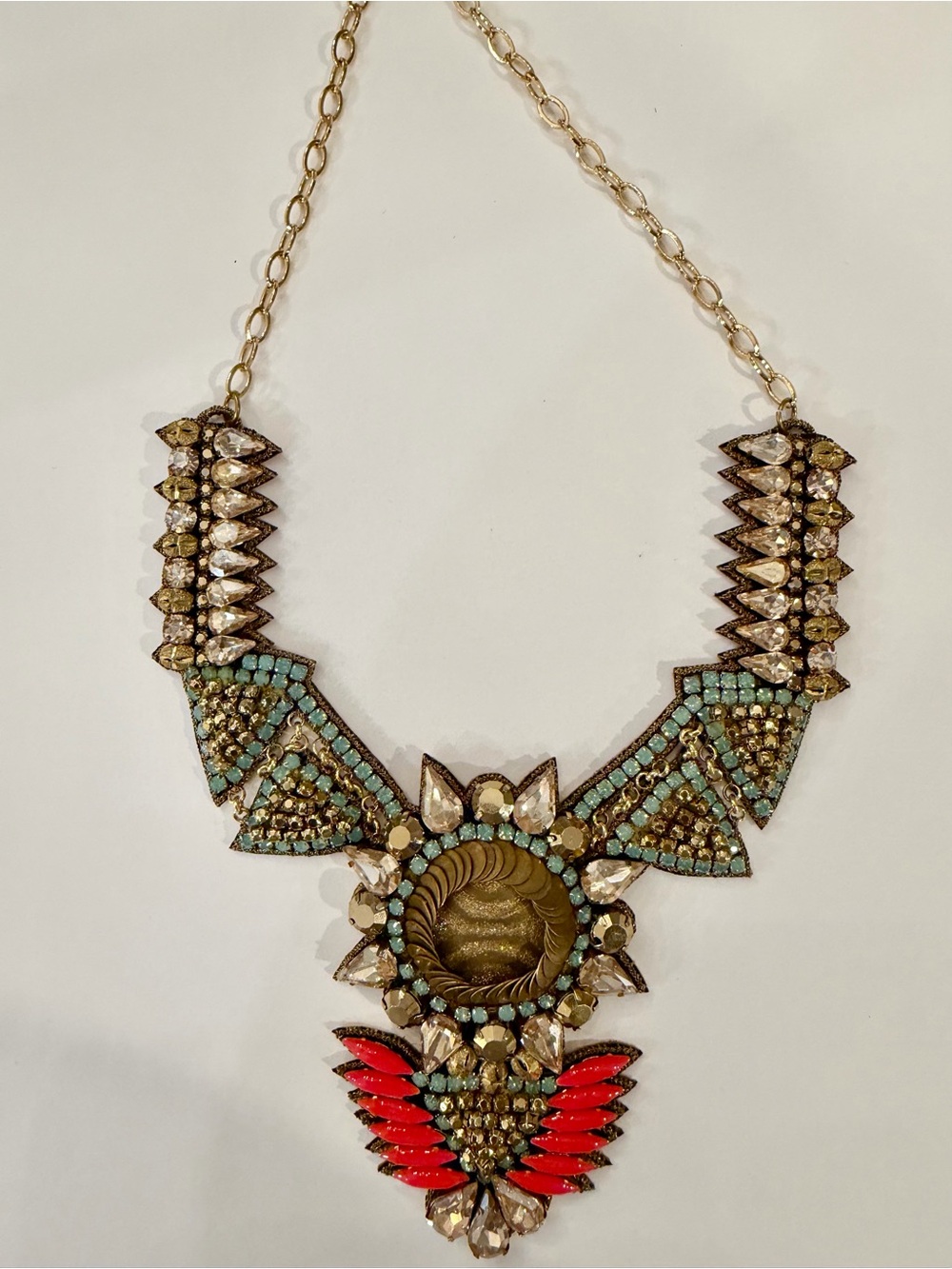 Deepa Gurnani Handmade Statement Tribal Necklace in Turquoise, Gold and Coral